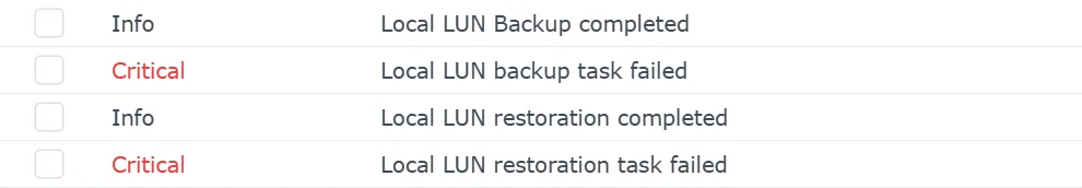 Lower part of the DSM event list with the LUN backup and restoration events unticked