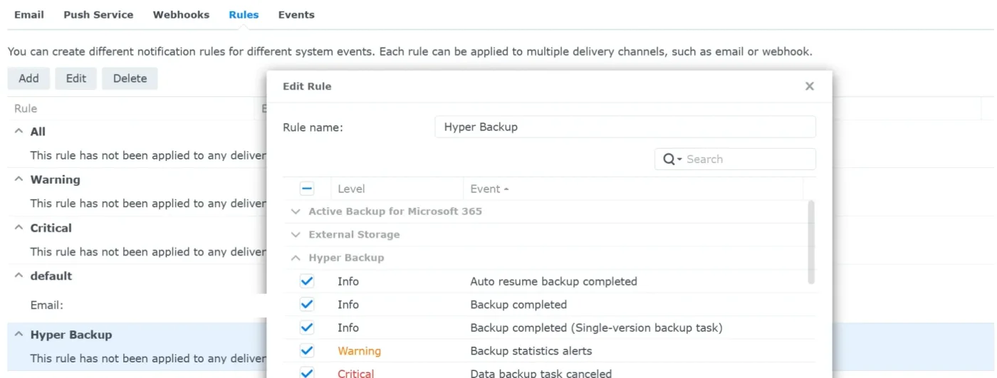 DSM Control Panel, Notification, Rules tab with a rule named Hyper Backup being edited